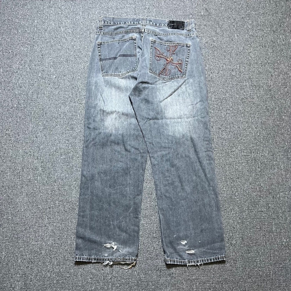 Vintage FUBU The Collection Jeans 38x34 Gray Baggy Wide Leg Embroidered Y2K 90s